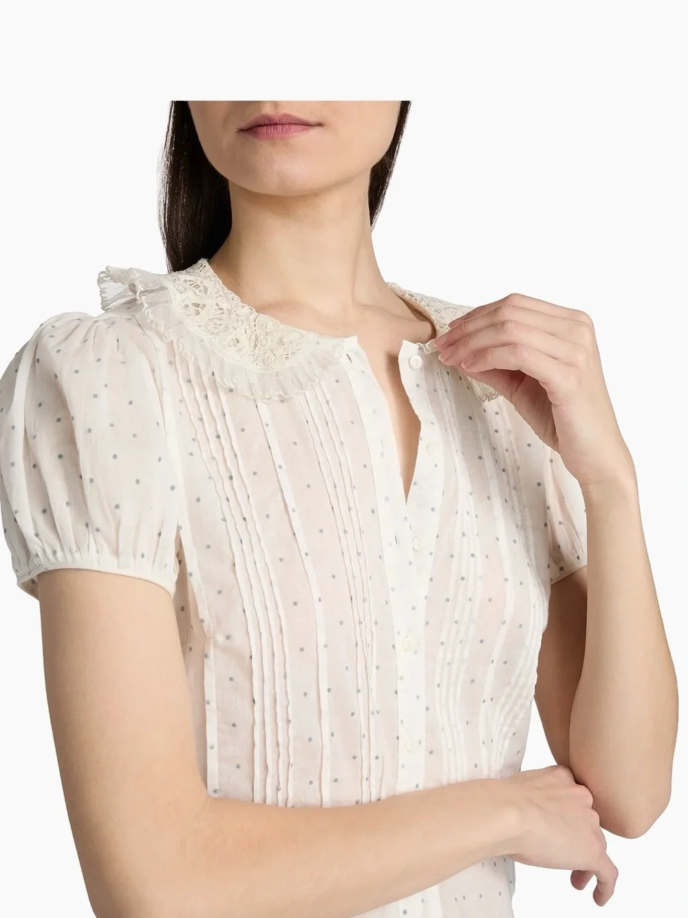 Doen Ivory Swiss Dot Lace-Collar Pintuck Blouse